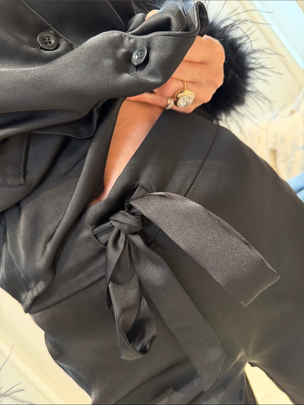 NADINE MERABI Black Feather Trim Pajama-Style Pantsuit - Picture 5 of 6